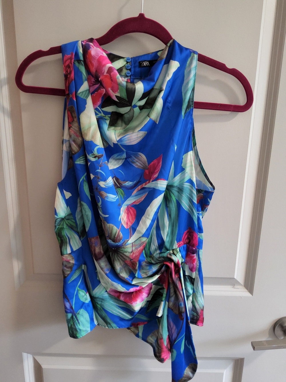 Zara Bright Blue Tropical Floral Draped Camisole Blouse
